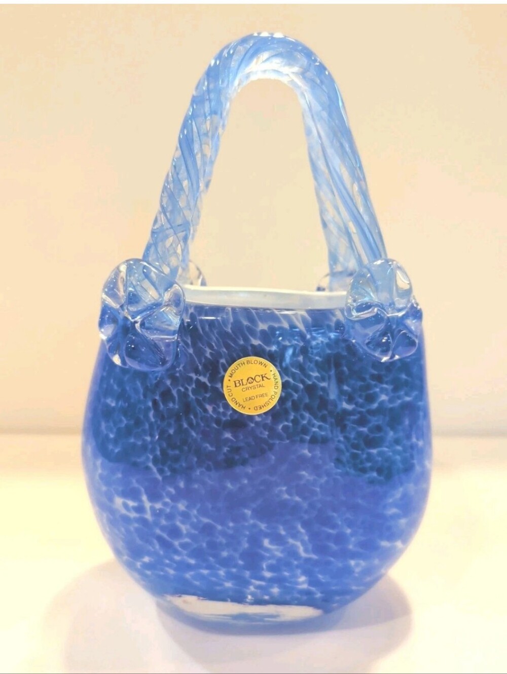 Vase Handbag Art Glass Block Crystal LAUREN Mouth Blown Hand Cut  #H0002 Vtg 90s
